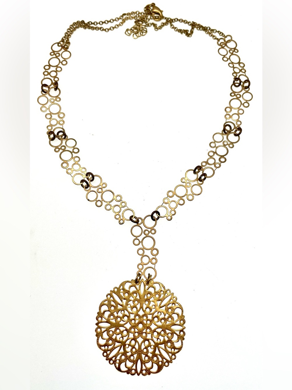 Vintage 1990s Gold Tone Bubble Link Filigree Medallion Statement Necklace